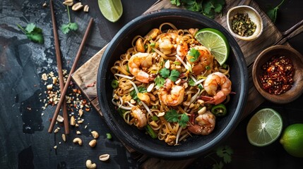 Minimalistic top down pad thai food presentation on wooden tray in natural daylight setting - obrazy, fototapety, plakaty