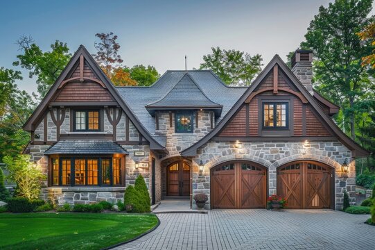 Tudor style family house exterior with gable roof and timber framing. Wooden garage doors in home cottage.