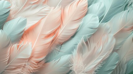 Soft focus background with pastel-colored feathers in a gentle, flowing arrangement
