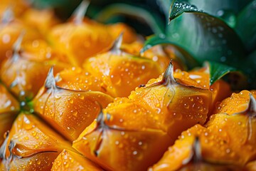 Close-up of vibrant orange star fruit slices with water droplets, surrounded by green leaves.