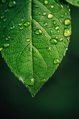 Close-up of a green leaf with dew drops