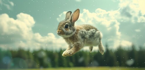 Magical Bunny Hopping in Mid-Air Against a Dramatic Sky