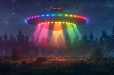 Colorful UFO hovering over a forest at night