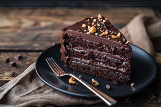 Decadent chocolate cake slice with nuts on a dark plate