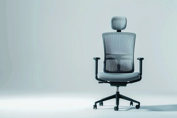 Contemporary office swivel chair with a mesh backrest and adjustable headrest, isolated on solid white background. - Powered by Adobe
