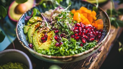 colorful salad bowl filled with nutrient-rich superfood ingredients like quinoa, avocado, and pomegranate seeds, promoting vitality and wellness.