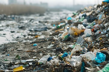 The title remains the same: "Pile of plastic waste causing environmental harm and pollution". Concept Environmental Damage, Plastic Pollution, Waste Management, Pollution Awareness