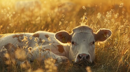 contented cow lying down in a field of tall grass, basking in the warmth of the sun and the serenity of nature.
