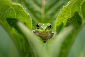 Green frog peeking through dewy leaves