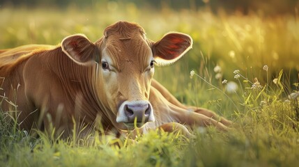 contented cow lying down in a field of tall grass, basking in the warmth of the sun and the serenity of nature.