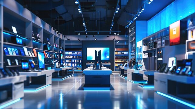 contemporary podium highlighting tech gadgets in a cutting-edge electronics store, attracting tech-savvy consumers.
