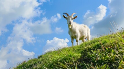 Obraz premium curious goat exploring a grassy hillside, displaying the playful and inquisitive nature of farm animals.