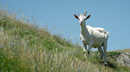 Obraz premium curious goat exploring a grassy hillside, displaying the playful and inquisitive nature of farm animals.