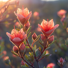pink flowers basking in the golden glow of sunset