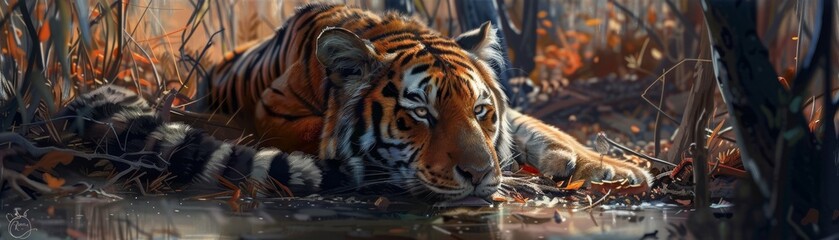 A tiger is lying in a river, staring at the camera. The water is crystal clear. The tiger's fur is wet and glistening in the sunlight. The background is a blur of green and brown foliage.