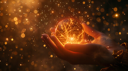 a magical scene where a hand gently cradles a glowing orb. The orb emits a warm golden light - obrazy, fototapety, plakaty