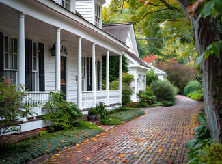 Classic white clapboard house with a red brick sidewalk in a peaceful suburban neighborhood