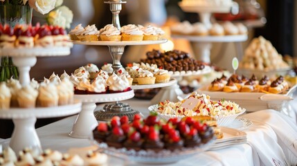 festive dessert buffet at a wedding reception, featuring an array of sweet treats for guests to enjoy.