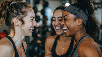 friends laughing and encouraging each other while working out together at the gym, fostering a...