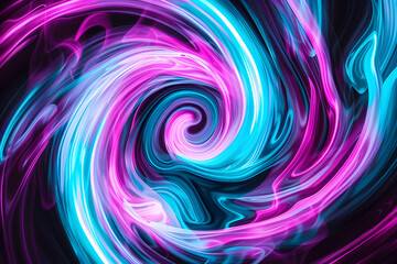 Hypnotic neon swirls with magenta and turquoise hues. Abstract composition on black background. - obrazy, fototapety, plakaty