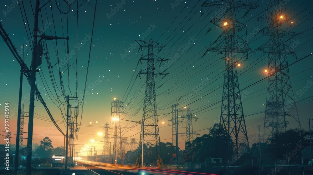 Wall mural grid of transmission lines carrying electricity from power plants to homes and businesses, enabling 