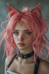 Fantasy portrait of a young woman with pink hair and cat ears - obrazy, fototapety, plakaty