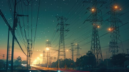 grid of transmission lines carrying electricity from power plants to homes and businesses, enabling energy distribution.