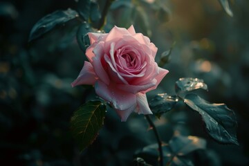 Dew-kissed pink rose in a mystical garden setting - obrazy, fototapety, plakaty