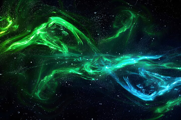 Mesmerizing neon galaxy with electric green and blue tones. Colorful artwork on black background.