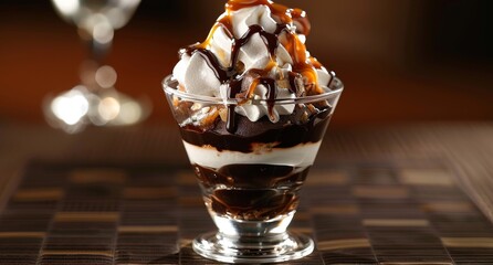 Delicious layered chocolate and vanilla ice cream sundae with syrup - obrazy, fototapety, plakaty