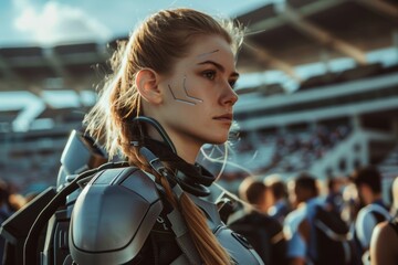 Futuristic female warrior in armor at a stadium - obrazy, fototapety, plakaty