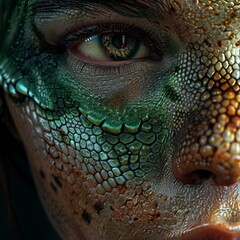 Close-up of a human face with reptilian skin texture - obrazy, fototapety, plakaty