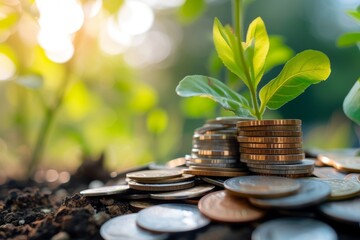 Investment Growth Concept with Coins and Plant Sprouting - obrazy, fototapety, plakaty