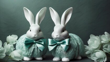 mintcolored velvet ceramic rabbits white bow hd background wallpaper desktop wallpaper