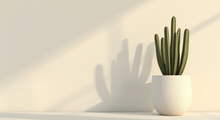 Cactus in a white pot with shadow on a beige background - obrazy, fototapety, plakaty