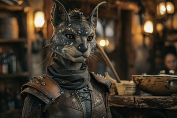 Fantasy character in medieval armor at a rustic tavern - obrazy, fototapety, plakaty