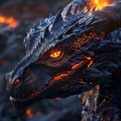 Close-up of a Black Dragon with Glowing Eyes - obrazy, fototapety, plakaty