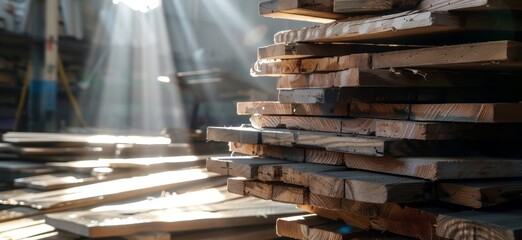 Sunlight streaming through a lumber warehouse - obrazy, fototapety, plakaty