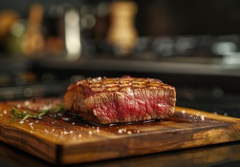 Juicy grilled steak on a wooden cutting board - obrazy, fototapety, plakaty