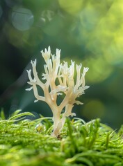 Delicate white coral fungus emerging from green moss - obrazy, fototapety, plakaty