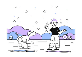 Boy with robot dog vector simple