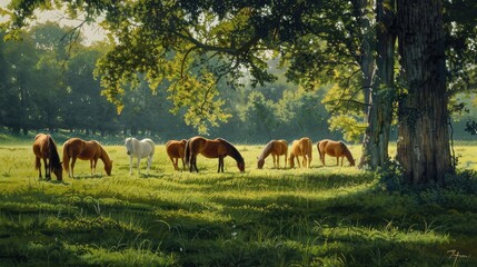 herd of horses grazing peacefully in a lush green meadow, embodying the beauty and tranquility of pasture life.