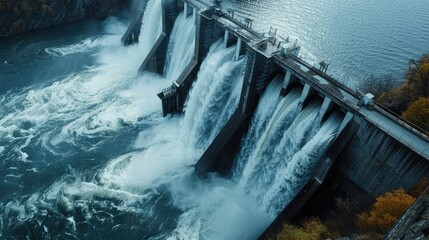 Hydroelectric dam releasing water to generate electricity, showcasing the power of water as an energy source. - obrazy, fototapety, plakaty