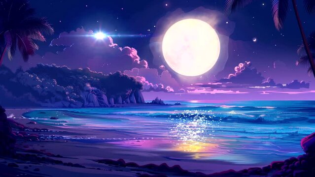 full moon at sea at night, amazing view landscape video looping background for live wallpaper