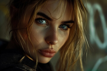 portrait of a russian woman with intense blue eyes and blonde hair in natural light