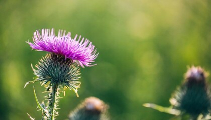 thistle flowers in the field green blur background