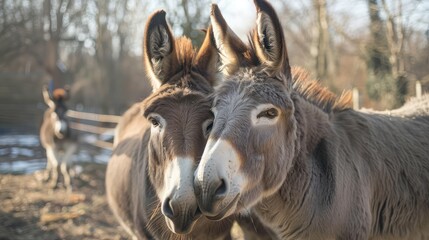 pair of friendly donkeys nuzzling each other affectionately in a farmyard, showcasing the gentle and sociable nature of the species.