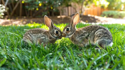 Obraz premium pair of rabbits nibbling on fresh green grass in a backyard garden, illustrating the simplicity and joy of pet ownership.
