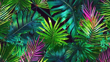 tropical background exotic fresh green summer palm leaves and plants in vivid colorful neon colors flat lay of seamless pattern generative ai