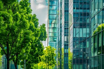 Sustainable urban environment: glass buildings, green trees, and climate-conscious design. Concept Sustainable Architecture, Urban Greenery, Eco-Friendly Design, Climate-Conscious Cityscape